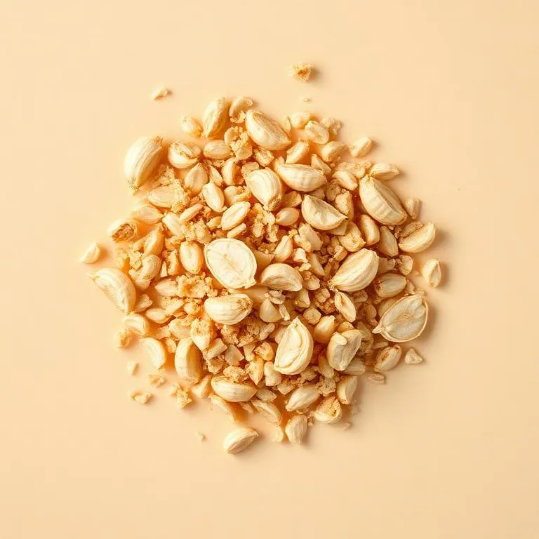 Dehydrated garlic flakes, granules and powder from Raisa Foods on a cream background