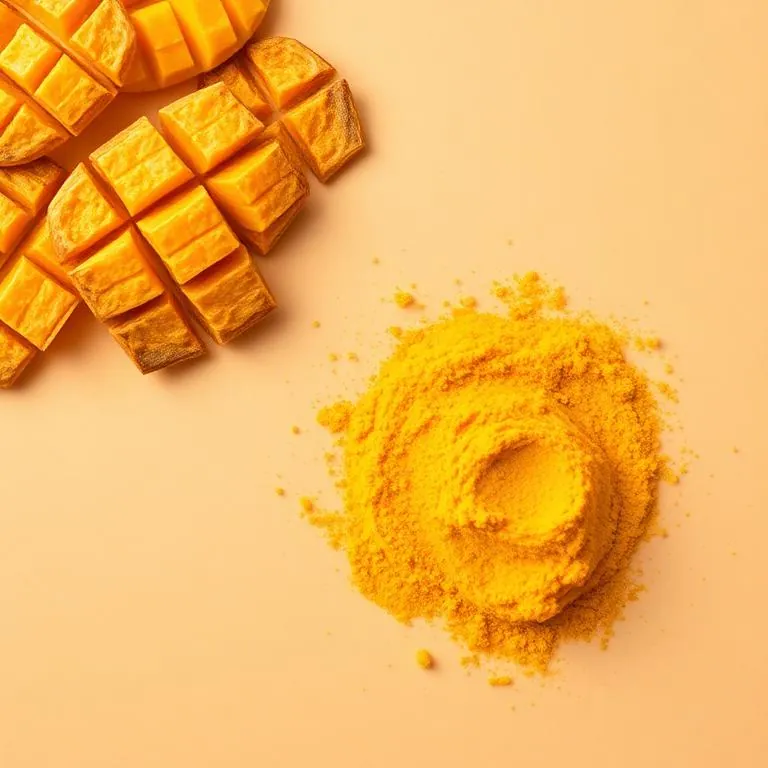 Dehydrated mango slices, cubes and powder from Raisa Foods on a cream background