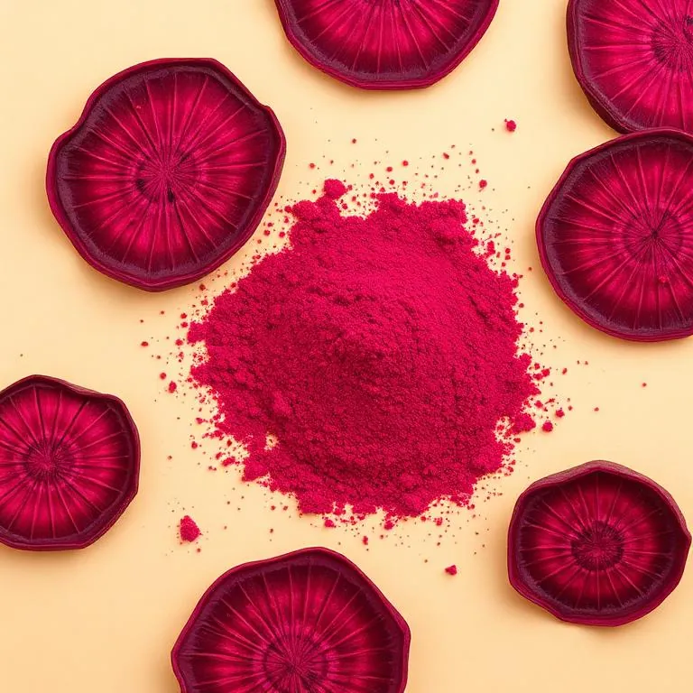 Dehydrated beetroot slices, cubes and powder from Raisa Foods on a cream background
