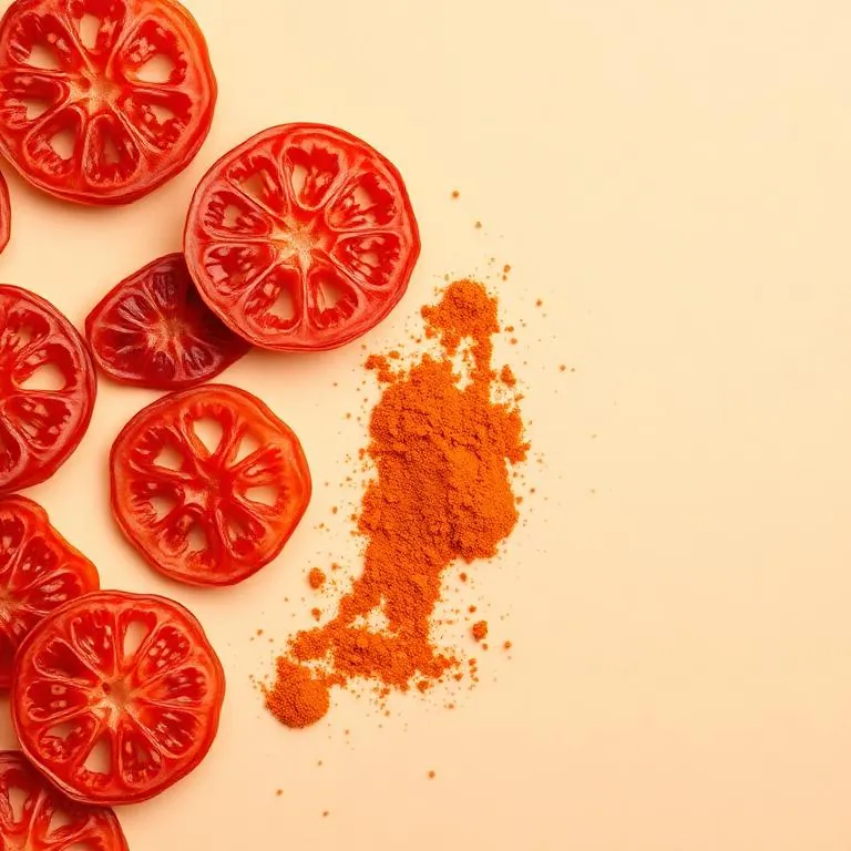 Dehydrated tomato slices, flakes and powder from Raisa Foods on a cream background