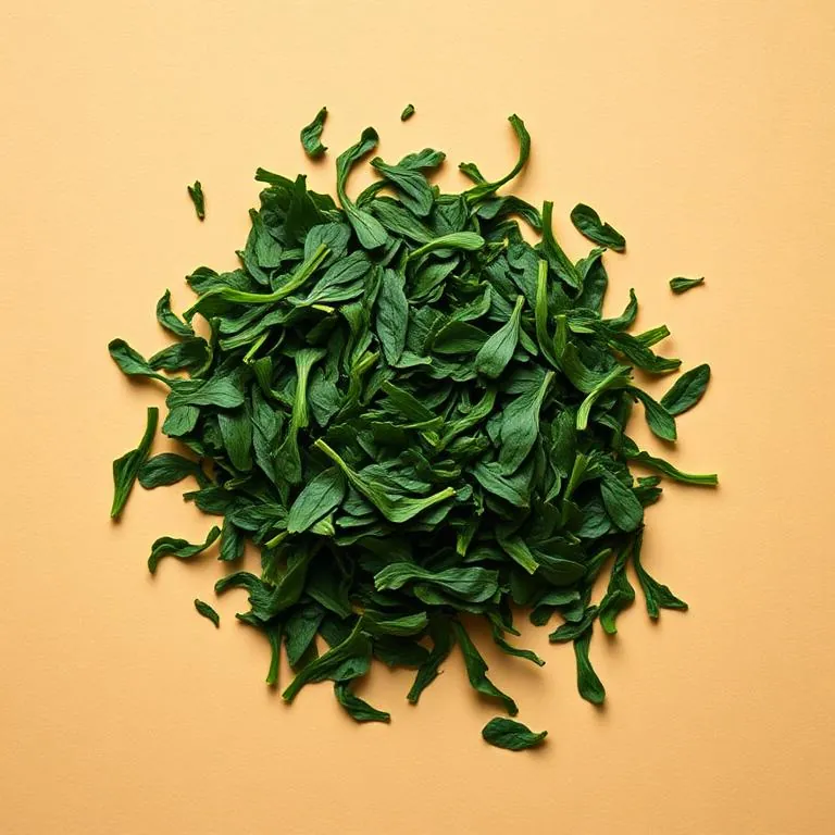 Dehydrated spinach leaf flakes and powder from Raisa Foods on a cream background